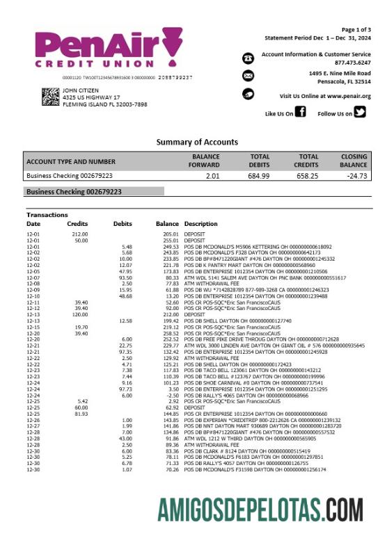 USA Florida PenAir Credit Union Bank Statement, 3 Pages modelo